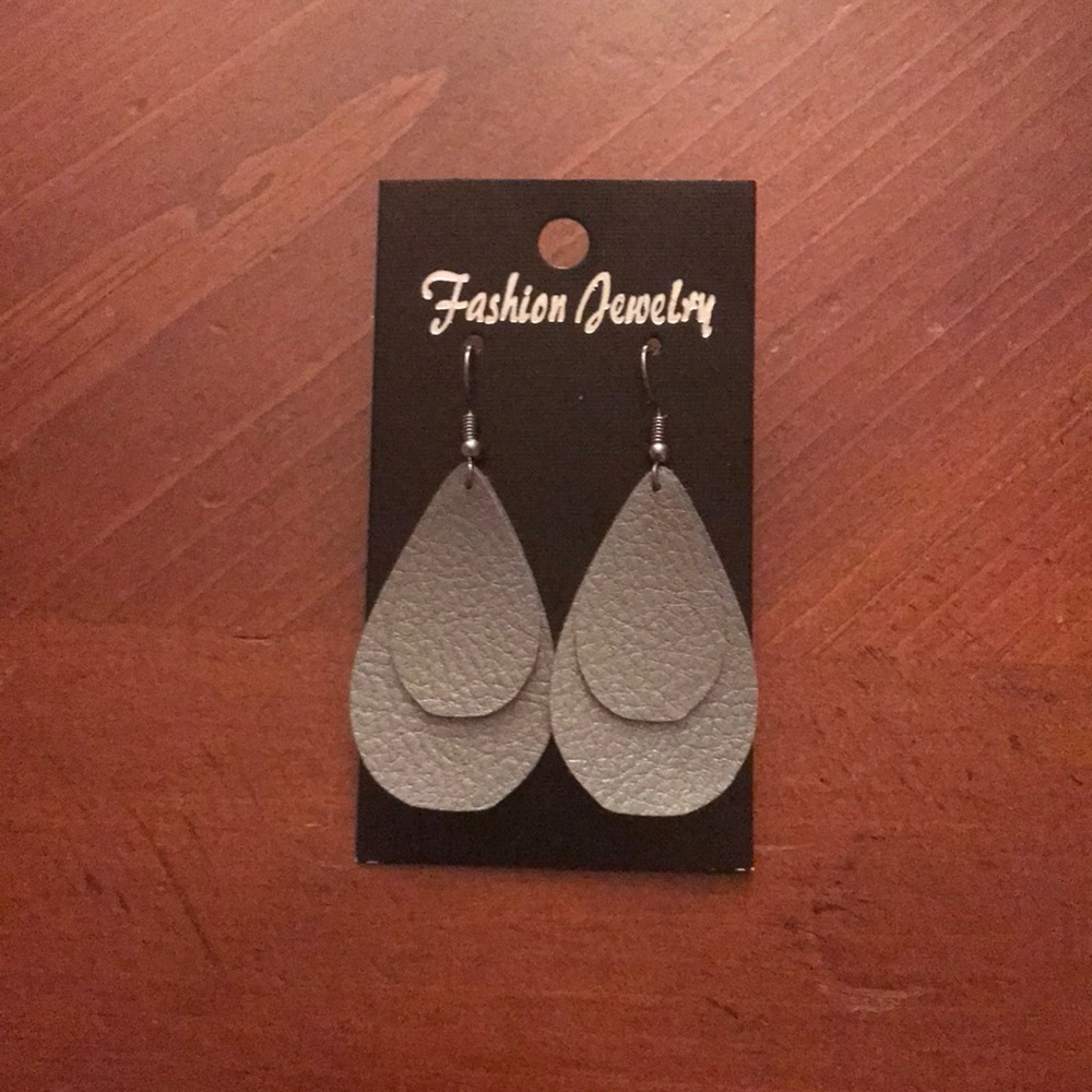 Handmade Silver Tear Drop Faux Leather Earrings